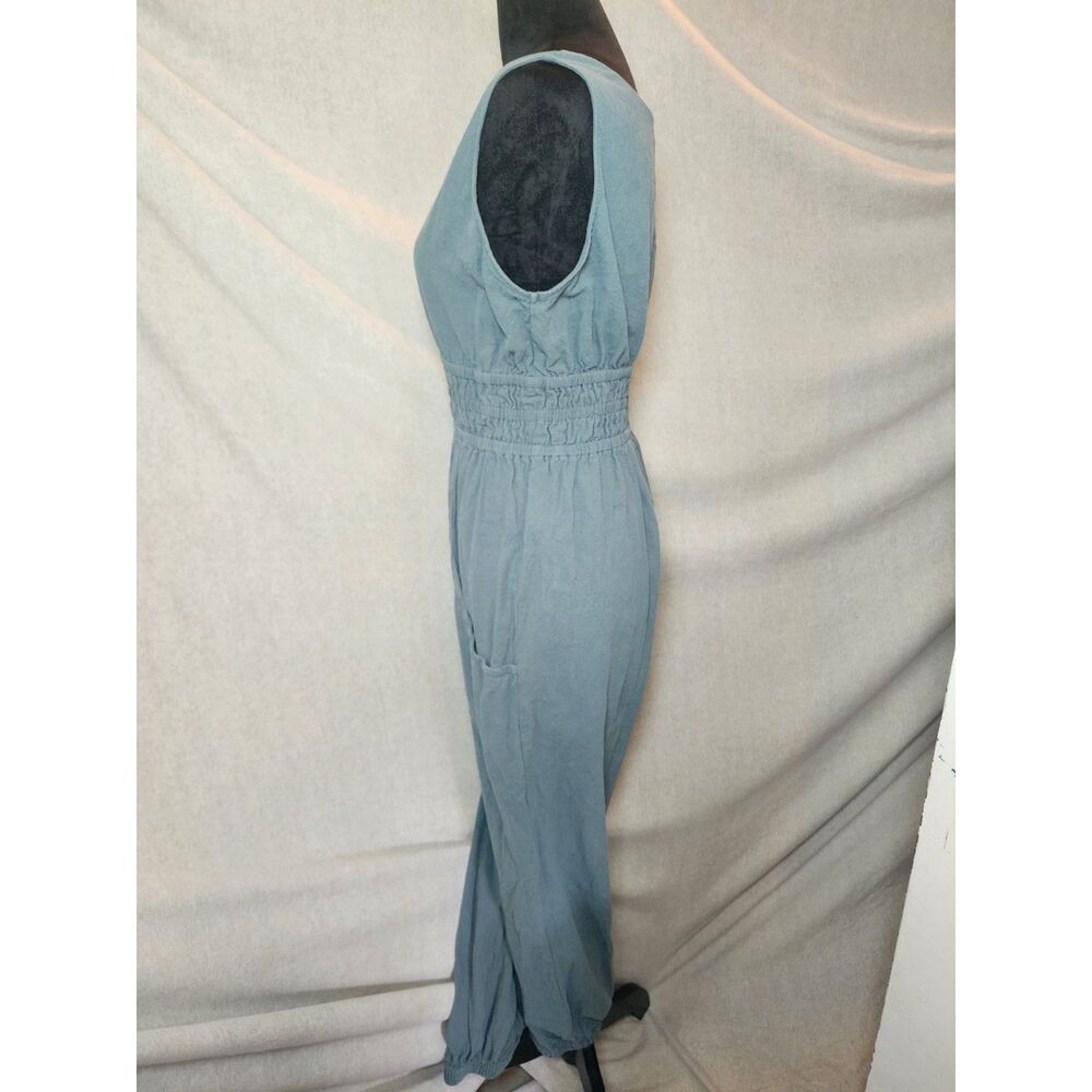 Cider V-Neck Shirred Waist Jogger Jumpsuit Size M Sage Green 100% Cotton Travel